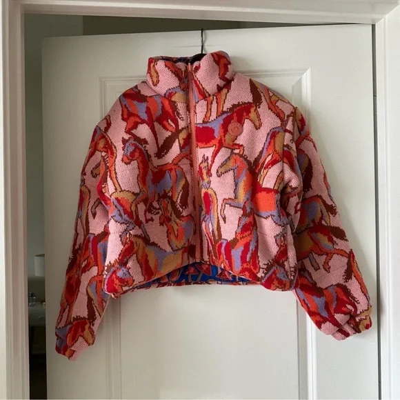 Farm Rio Rose Wild Horses Tricot Reversible Puffer Jacket - Picture 6 of 12